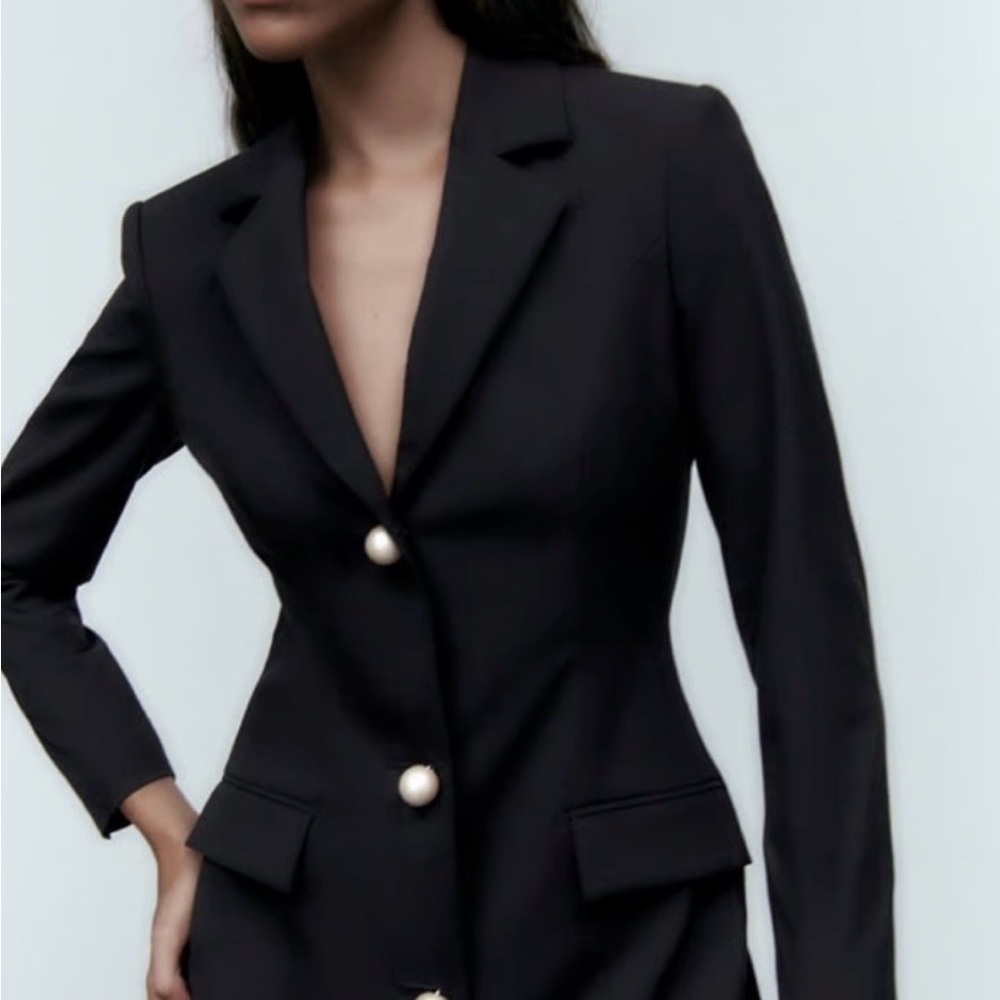 Zara Classic Black Blazer with Pearl Buttons